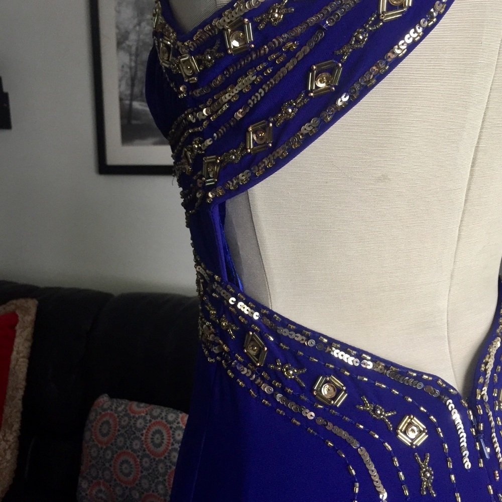 VTG Y2K Halley Logan Royal Blue Crisscross Beaded Halter Dress. Worn Once - Picture 10 of 16